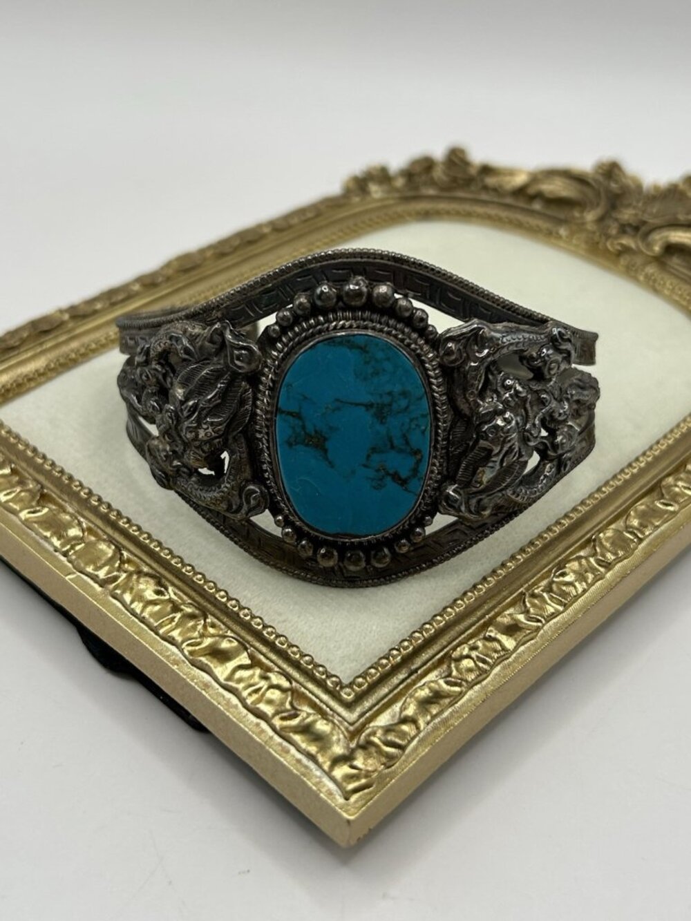 VTG Chinese Sterling Silver Dragon Turquoise Cuff Bracelet Western Blue Asian - Picture 6 of 16